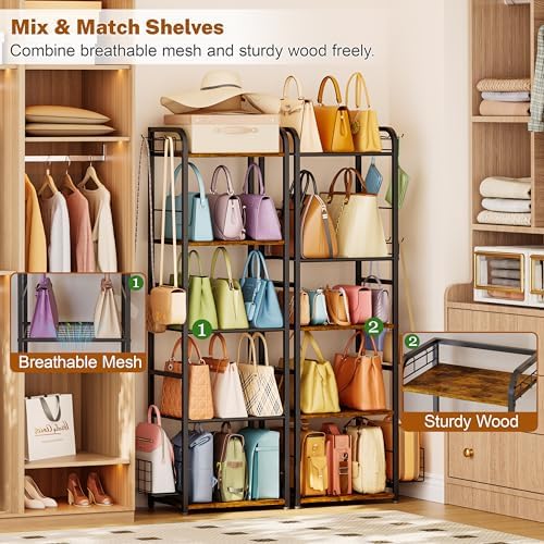 Tall 5-Tier Purse Organizer for Closet, Purse Rack Stand for Purse Storage, Metal & Wood Handbag Organizer with 4 Side Hooks and 2 Baskets, Space-Saving Narrow Purse Shelf for Small Space, Bedroom - Image 3