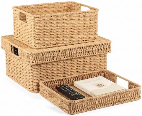 Wicker Storage Baskets with Lids for Shelves, 2-Basket Set, Natural by GANLUX