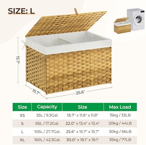 GREENSTELL Storage Basket with Lid, 27.7 Gallon(105L) Lagre Wicker Blanket Storage Basket with Handles, Foldable, 2 Removable Liner Bags, Metal Frame, for Bedroom, Laundry Room, Natural - Image 5