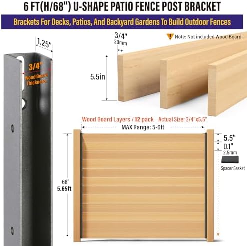 Hulave 2-Pack 6FT U-Shaped Metal Fence Posts (H: 68″), No-Dig Hard Surface Mount for Privacy Fences, Garden, AC Units, Pool Equipment, and Trash Can Enclosures-Matte Black - Image 2