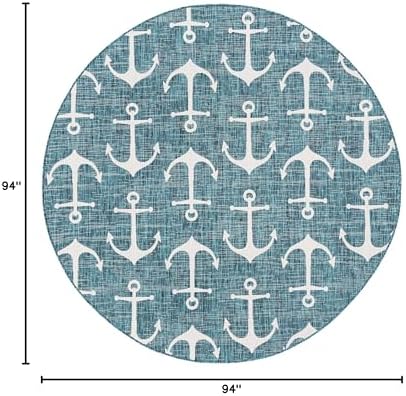 Unique Loom Outdoor Coastal Collection Area Rug - Ahoy (7' 10" Round, Teal/ Ivory) - Image 2