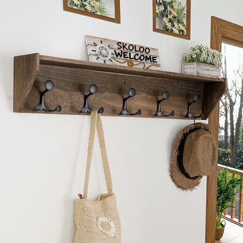 SKOLOO Wall Shelf with Hooks, 35-Inch Weathered Brown Wall Mounted Coat Rack with Shelf Organizer - Lightweight & Sturdy​​, 5 Tri Hooks - Perfect for Entryway, Hallway, Living Room, Bedroom, Mudroom - Image 4