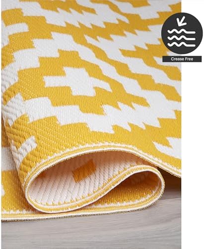 FH Home Outdoor Rug - Waterproof, Fade Resistant, Reversible - Premium Recycled Plastic - Geometric - Large Patio, Deck, Sunroom, Camping, RV - Aztec - Yellow & White Crease Free - 6 x 9 ft - Image 6