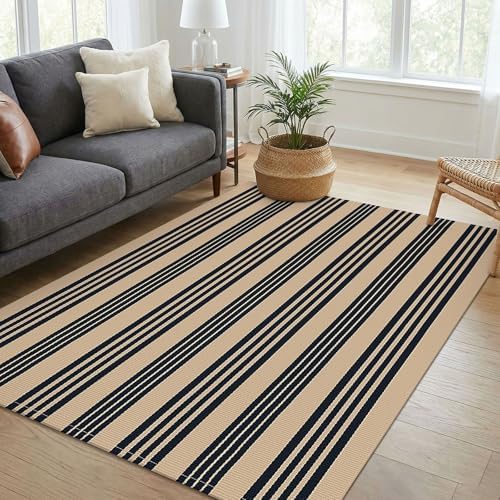 KOZYFLY 4x6 ft Brown and Black Striped Rug Front Door Rug Cotton Woven Rugs - Image 2