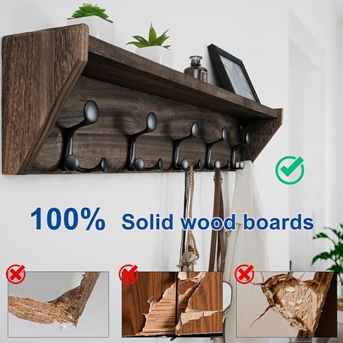 WEBI Wall Shelf with Hooks Underneath,35" Long Wall Mounted Coat Rack with Shelf,Entryway Coat Rack with 5 Triple Hooks for Hanging Coats,Jacket,Hallway,Bedroom,Mudroom,Weathered Brown - Image 4