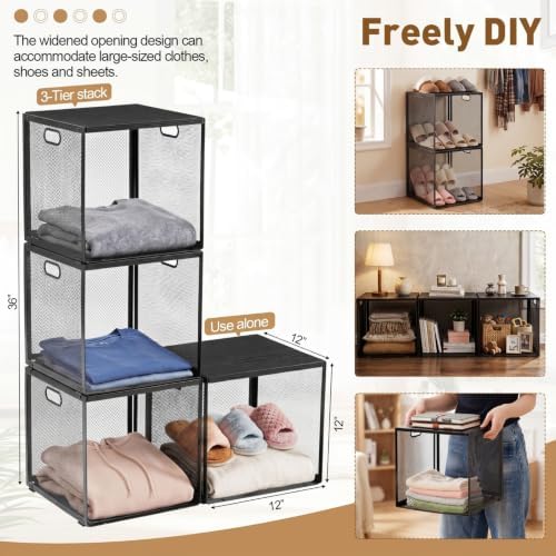 AceOrbit 3 Pcs Stackable Closet Storage Bins 12"x12"x12" Black - Image 2