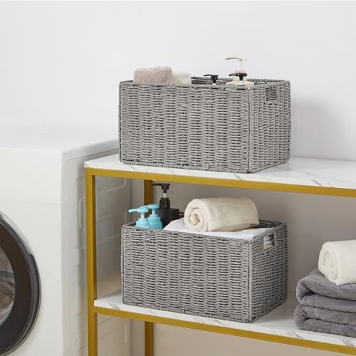 Vagusicc Wicker Storage Basket, Set of 2 Hand-Woven Paper Rope Wicker Basket, Small Storage Baskets for Organizing Toilet Paper Basket, Foldable Large Cube Storage Organizer Bins for Shelves (Grey) - Image 3