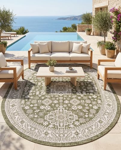 Rugs.com - Outdoor Aztec Rug – 7' 10 x 10' Oval Green Indoor/Outdoor Rug – Washable, Stain-Resistant for Patios, Decks, and Porches - Image 6