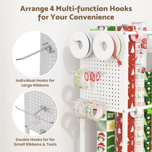 Wrapping Paper Storage Cart, Rolling Gift Wrap Station with Drawer & Hooks - Image 4