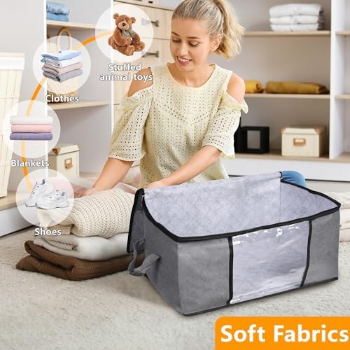 BiCINE 8 Pack Clothes Storage Bags with Zipper, 45L Foldable Blanket Storage Bag with Clear Window Sturdy Handles for Closet, Dorm, Pillows, Bedding, Sheet, Comforter, Gray - Image 4