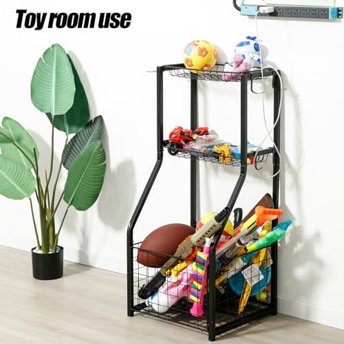 YueTong Sports Equipment Organizer for Garage Organization,Ball Storage With Basketball Holder and Ball Cart Rack,Outdoor Toy Storage with Bin for Nerf Gun,Football,Volleyball Stuf,Gym Accessories - Image 5