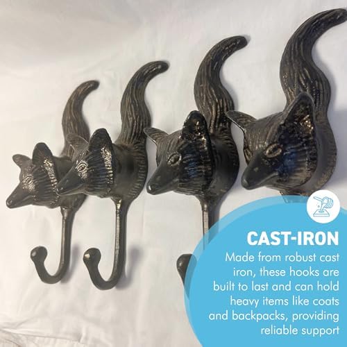 Thorness Set of Four Sturdy Wall Mounted Cast Iron Fox Head Hook Hanger for Hat, Coat, Clothes - Ideal for Kitchen, Bathroom, Bedroom, Office, Black - Image 3