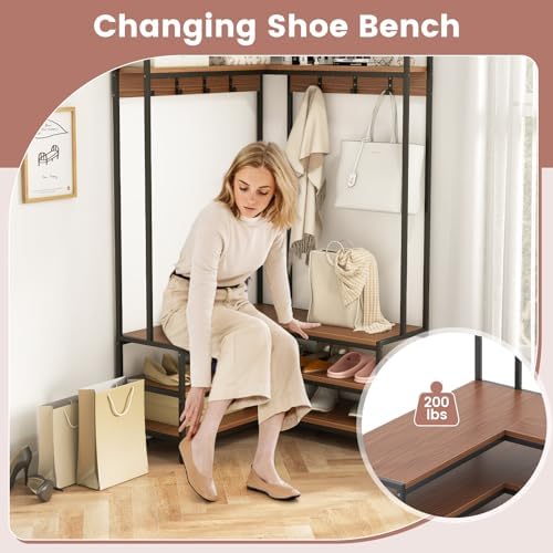 GIANTEX Corner Coat Rack, L-Shaped Hall Tree with Bench and Shoe Storage - Image 3