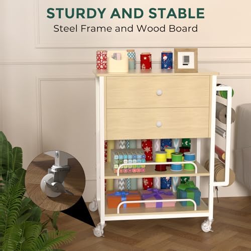 Wrapping Paper Storage & Organizer, Craft Cart with Ribbon & Gift Bag Storage, Wrapping Paper Organizer Holder(2 Wooden Drawers-Oak) - Image 6