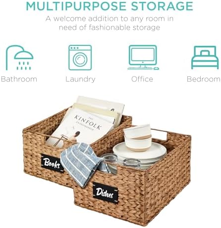 Best Choice Products Pantry Baskets Set of 2 16x12in Water Hyacinth Storage Baskets, Woven Wicker Kitchen Organizers with handles w/Chalkboard Label Chalk Marker - Chestnut - Image 6