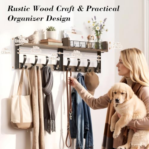 Delamu 32" Coat Rack with Shelf, 4 in 1 Coat Hanger Wall Mount with Shelf, Wooden Entryway Wall Organizer with Hooks, Brown - Image 4