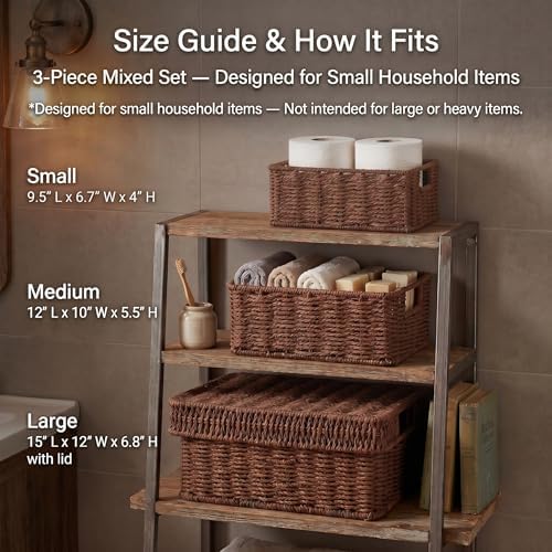 Wicker Storage Basket with Lid for Shelves, 3-Basket Set, Dark Brown - Image 5