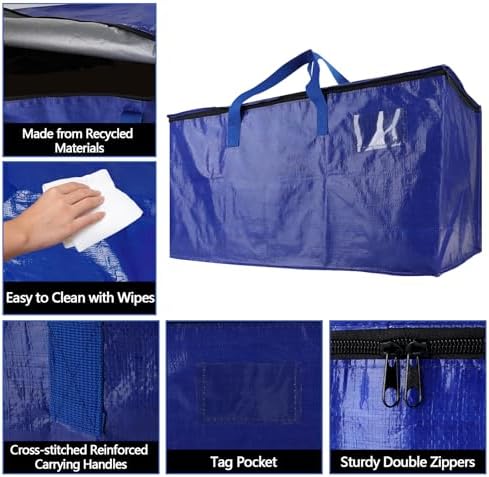 10 Pack Waterproof Moving Storage Bags, 100 lbs Extra Large Heavy Duty Totes with Reinforced Handles & Strong Zippers, Reusable Moving Box Alternative for Packing Moving Household Storage, 95L, Blue - Image 4
