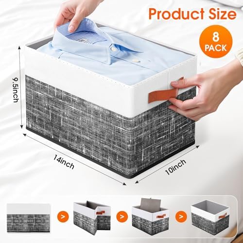 Fab totes Collapsible Storage Baskets for Shelves,14"x10", 8 Pack Foldable Fabric Storage Bins with Double Leather Handles, Large Baskets for Organizing Books, Clothes, White & Black - Image 2