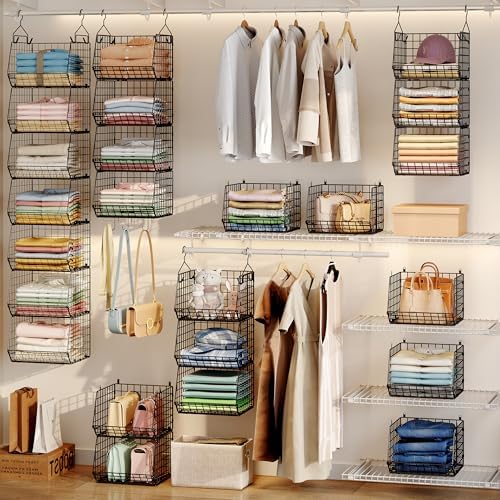 X-cosrack 7 Tier Foldable Hanging Closet Organizer and Storage,Wire Closet Shelving with 4 Large Hooks+ 5 S Hooks,Hanging Basket for Clothes Sweaters Shoes Handbags,Small Closet Organizers - Image 2
