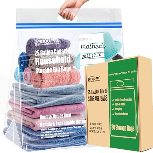 BEIDOU-PAC 25 Gallon Jumbo Storage Bags with Handle, 30 Counts | Double Zipper Seal | Expandable Bottom, Resealable Clear zip Bags for Home Travel, Moving, Commercial and Outdoor by BEIDOU-PAC