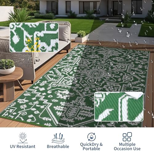 GAOMON Waterproof 8x10 Outdoor Rug Boho Vintage Reversible Plastic Straw Rug Mat UV-Resistant Foldable Retro Medallion Camping Indoor Outdoor Carpet for Patio RV Deck Balcony Picnic, Green White - Image 7