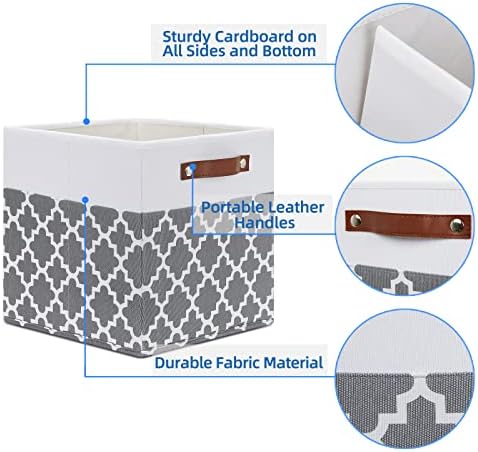 Temary 12x12x12 Fabric Storage Bins 4 Pack with Leather Handle, Foldable Cubes Storage Box Baskets for Closet, Shelf (White&Lattice) - Image 3