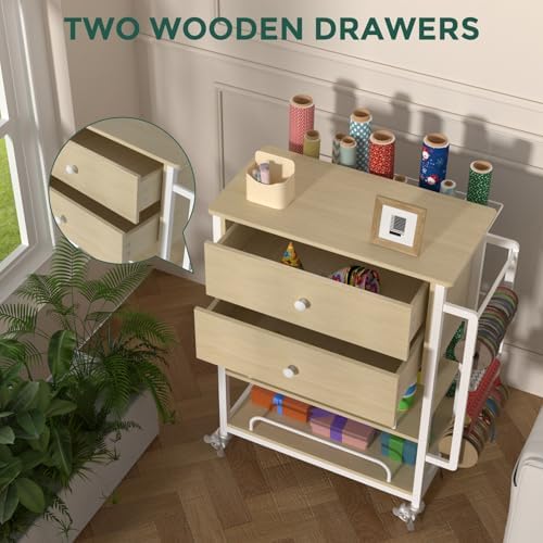 Wrapping Paper Storage & Organizer, Craft Cart with Ribbon & Gift Bag Storage, Wrapping Paper Organizer Holder(2 Wooden Drawers-Oak) - Image 2