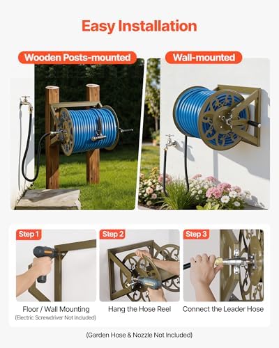 VEVOR Wall Mounted Garden Hose Reel, Holds 200 Feet of 5/8-inch Hose, Outdoor Heavy-Duty Waterhose Holder Winder, with Brass Connector, Decorative Pattern, Bronze Finish, for Backyards and Gardens - Image 5