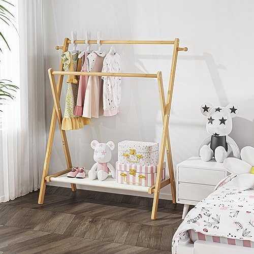 BAMBOOHOMIE Kids Clothing Rack, Small Clothes Rack for Toddler Pets, Kids Dress Up Rack with Storage Shelf & Double Rods, Foldable Kids Clothes Rack for Nursery Child's Room (Regular Size) - Image 6