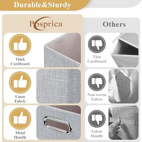 Posprica Closet Organizers and Storage, 4 Pack Large Linen Storage Bins, Decorative Shelf Storage Baskets for Organizing, Foldable Fabric Storage Box for Clothes, 15x10.5x8.25 Inch(Grey) - Image 2
