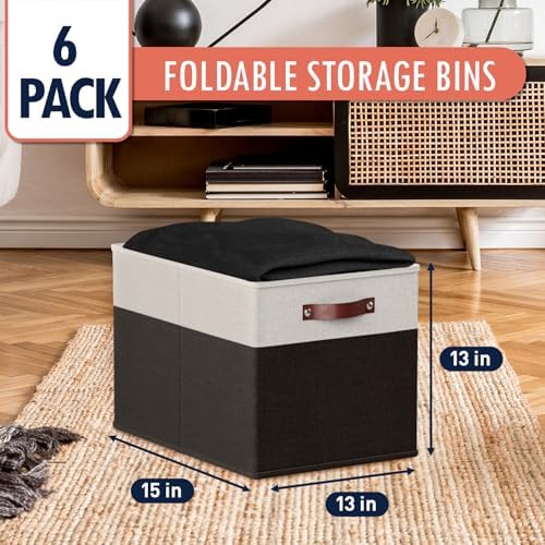 Ornavo Home 13x15x13 Foldable Fabric Storage Cube Bins, 6 Pack, White/Black - Image 3