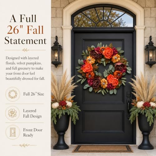 26 Inch Fall Wreaths for Front Door, Velvet Pumpkin Wreath - Image 2