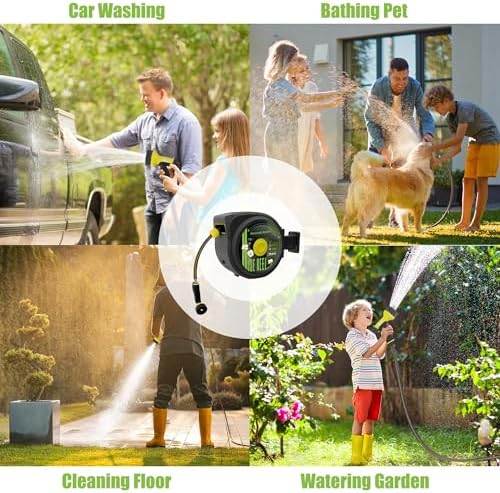 Aokia Retractable Garden Hose Reel, 1/2 in x 100 ft Wall Mounted Heavy Duty Garden Hose Reel with 9 Patterns Nozzle, Any Length Lock, Auto Return System and 180°Swivel Bracket - Image 4