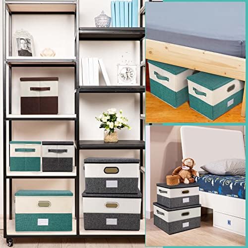 Large Linen Fabric Foldable Storage Bins with Removable Lid and Handles, Washable Storage Box Organizer Containers Baskets Cube with Cover for Bedroom,Office(Green&Cream, Large(2-Pack)) - Image 5