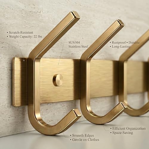 Brushed Gold Wall Mounted Coat Rack – 30 Inch Stainless Steel Rail with 10 Double Coat Hooks for Entryway, Bathroom, Bedroom, Kitchen – Modern Gold Hook Rack for Coats, Hats, Towels - Image 3