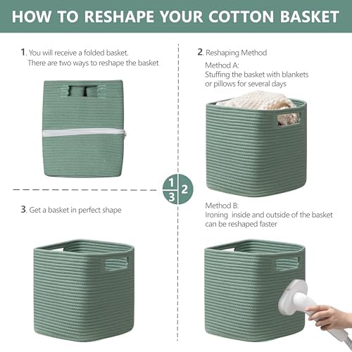 Dreamcountry 13x13 Cube Storage Bins, Storage Cubes with Handles, 4 Pack Cotton Rope Basket for Shelves, Cube Storage Organizer forToys, Book, Clothes, Home, Office, Nursery, Green - Image 7