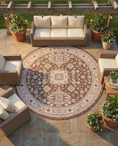 Rugs.com - Outdoor Aztec Rug – 10 Ft Round Brown Indoor/Outdoor Rug – Weather-Resistant Flatweave for Patios, Decks, and Porches by Rugscom