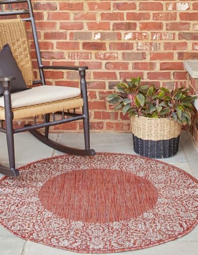 Unique Loom Outdoor Border Collection Area Rug - Floral Border (10' 8" Round Rust Red/Ivory) by UniqueLoom