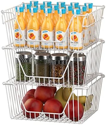 Slideep 14" Large Bin Baskets Stacking Baskets Sturdy Metal Wire Storage Baskets Organization with Handles for Pantry, Kitchen, Closets, Bathroom, Cabinets, Kitchen,White, Set of 3 - Image 3