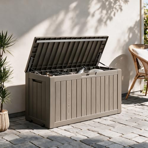 92 Gal Deck Box,Waterproof Resin Outdoor Storage Gas Lift,Lockable Grey - Image 2