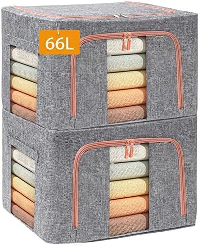 Clothes Storage Organizer - Stackable Storage Bags with Foldable Metal Frame, Zipper, Handles, Clear Window, Storage Container Box for Blanket Sweater Comforter Pillow (66L, Gray, 2 Pack) by SWEERI