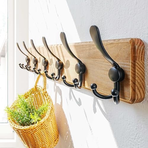 Dseap Coat Rack Wall Mounted - 24" Long 6 Tri Hooks, Heavy Duty Wooden Wall Coat Hanger Coat Hook for Clothes Hat Jacket Clothing, Weathered Brown and Black, Pack of 2 - Image 4
