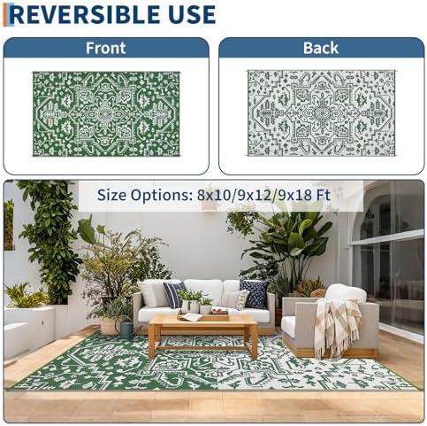 GAOMON 9x12 Waterproof Outdoor Large Rug Reversible Plastic Straw Rug for Patio Camping Indoor Outdoor RV Carpet Mat Stain Outside Large Carpet for Deck Camper Balcony Open-Air, Green White - Image 4