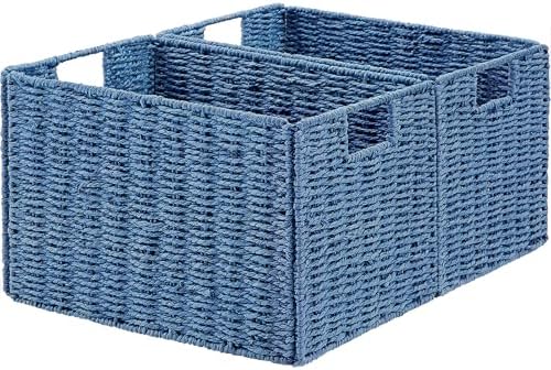 Vagusicc Wicker Storage Basket, Set of 2 Hand-Woven Paper Rope Wicker Basket, Large Storage Baskets for Organizing Toilet Paper, Foldable Cube Storage Organizer Bins for Shelves (Blue) by Vagusicc