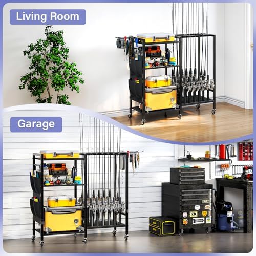 TC-HOMENY 16-Rod Fishing Rod Holder for Garage, Fishing Pole Rack Cart Fit All Fishing Rods, 3 Tier Fishing Tackle Storage Organizer Rack with Storage Bag, For Living Room - Image 7