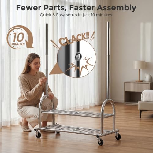 Heavy Duty Metal Clothes Rack Load 586 LBS, Height‑Adjustable Rolling Garment Rack for Hanging Clothes, Sturdy Wheel Clothing Rack with 2 Shelves, Portable Closet Wardrobe Organizer Rack, Silver - Image 6