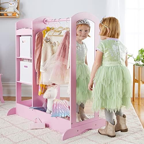 Guidecraft See and Store Dress-up Center – Pink: Pretend Play Costume Storage Wardrobe for Kids with Mirror & Shelves, Armoire with Bottom Tray, Toddlers Room Furniture - Image 2