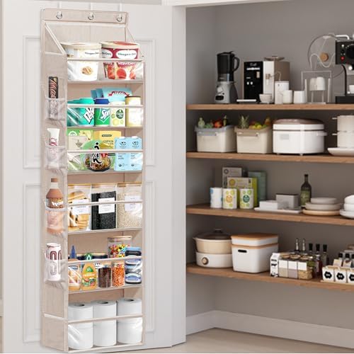 Over Door Organizer with 6 Extra Large Pockets 12 Side Pockets, Sturdy Closet Storage Rack, Hanging Storage Organizer with Clear Window for Shoes, Diaper, Bedroom, Bathroom, Beige, 3-Pack - Image 5