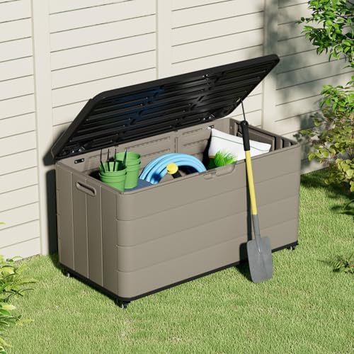 ZZM 110 Gallon Outdoor Deck Box with Wheels, Waterproof Resin Storage Cabinet for Patio Cushion and Tools, Lockable Storage Box, Coffee - Image 2